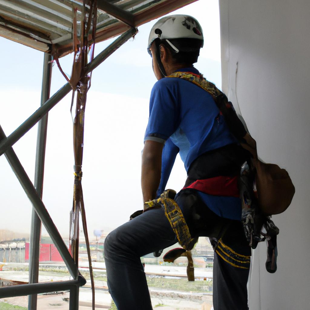 Worker wearing safety harness, inspecting
